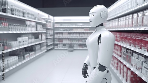 Stores that stock products on shelves with easily readable barcodes or robot services that check data are examples of smart retail concepts.The Generative AI photo