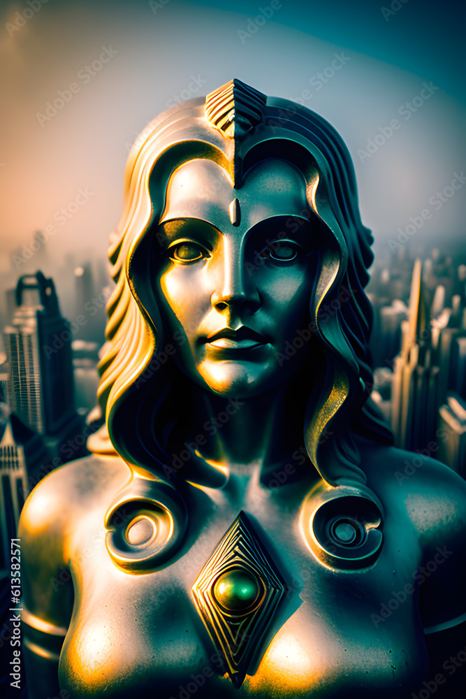 Art nouveau statue of a goddess looming over city background. Generative AI