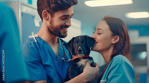 In clinics  a young veterinarian in a blue uniform is conversing with the female owner of a Welsh pembroker pet while cuddling a cute dog.Generative AI