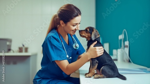 In clinics, a young veterinarian in a blue uniform is conversing with the female owner of a Welsh pembroker pet while cuddling a cute dog.Generative AI