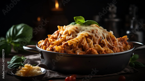 A bowl of steaming hot pasta, coated in a rich and flavorful sauce, garnished with grated cheese