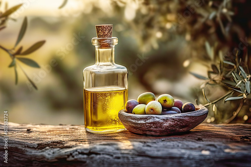 Organic olive oil. Glass bottle with natural olive oil and green olives on wooden board on a blurred background of an olive grove. Mediterranean healthy food. Harvest of olives. Generative ai