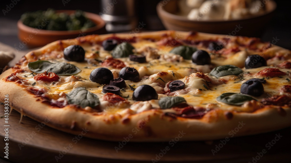 A close-up of a freshly baked pizza with bubbling cheese and a variety of toppings A close-up of a freshly baked pizza with bubbling cheese and a variety of toppings
