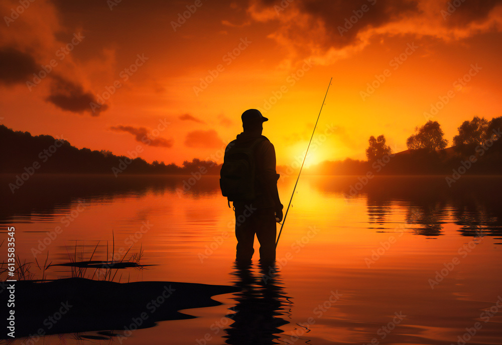 silhouette of person fishing at sunset