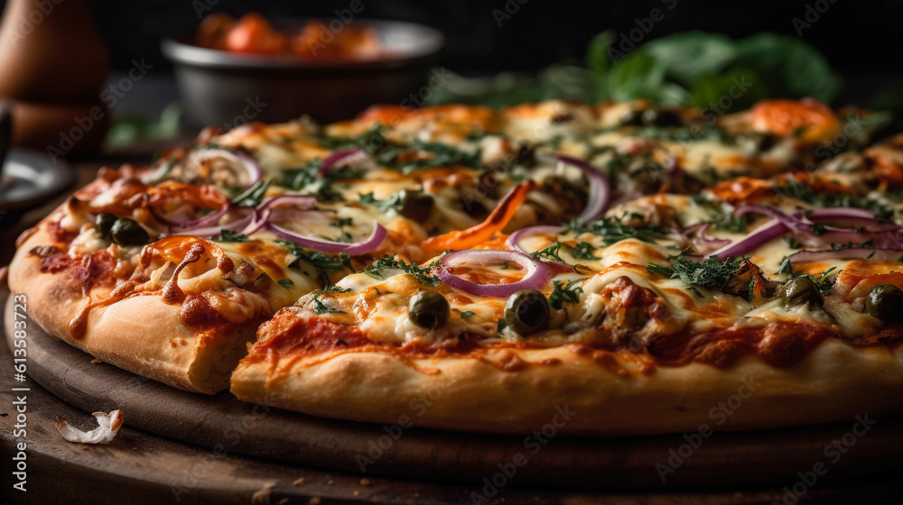 A close-up of a freshly baked pizza with bubbling cheese and a variety of topping A close-up of a freshly baked pizza with bubbling cheese and a variety of topping