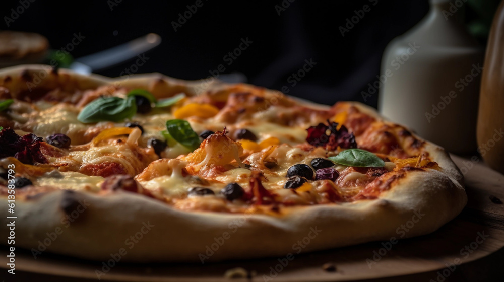 A close-up of a freshly baked pizza with bubbling cheese and a variety of toppings A close-up of a freshly baked pizza with bubbling cheese and a variety of toppings