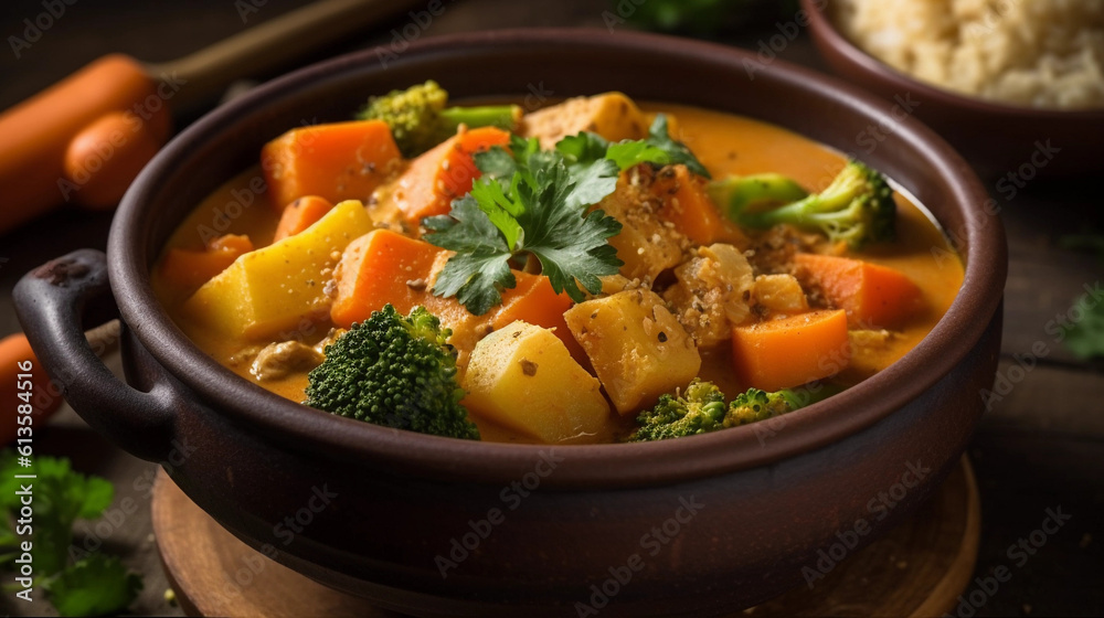 A bowl of comforting and fragrant curry, brimming with vegetables and aromatic spices A bowl of comforting and fragrant curry, brimming with vegetables and aromatic spices