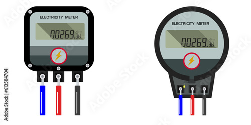 Electricity Meter, Power Meter, Electric Power Meter. Counter box with display for measure consumption of electrician, water and gas. Machine for control and economize energy. Vector.