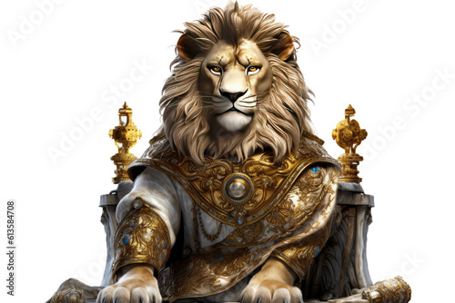 The Royal King graceful lion with luxury dress costume. Close up Portrait King lion with throne and crown isolated on white background. Generative AI. © TANATPON