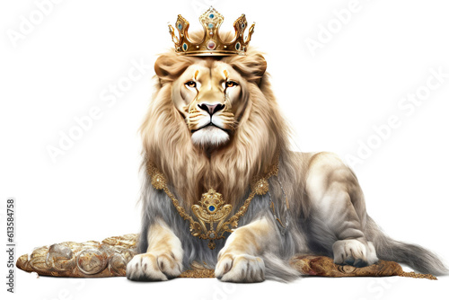 The Royal White lion with luxury dress costume. Close up Portrait King lion with throne and crown isolated on clear png background. Generative AI.