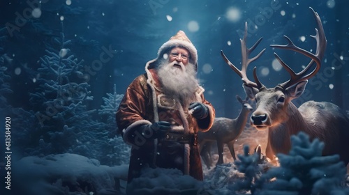 deer animals with santa claus at Christmas forest full of magic, Generative AI