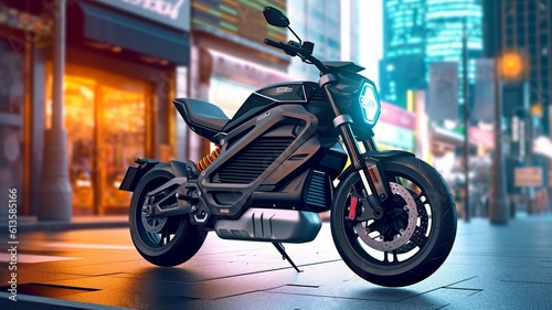 Electric motorcycle high-speed charging station with energy battery charging cable concept on city streets.The Generative AI