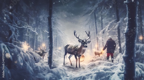 deer animals with santa claus at Christmas forest full of magic, Generative AI