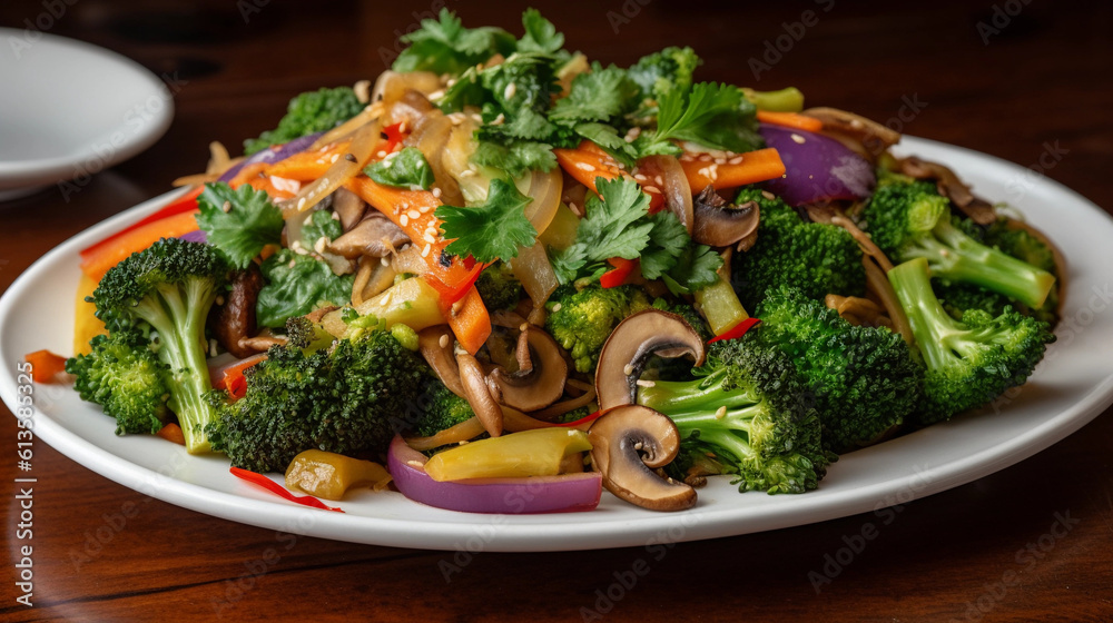 A plate of vibrant vegetable stir-fry, showcasing a medley of crisp and colorful vegetables A plate of vibrant vegetable stir-fry, showcasing a medley of crisp and colorful vegetables