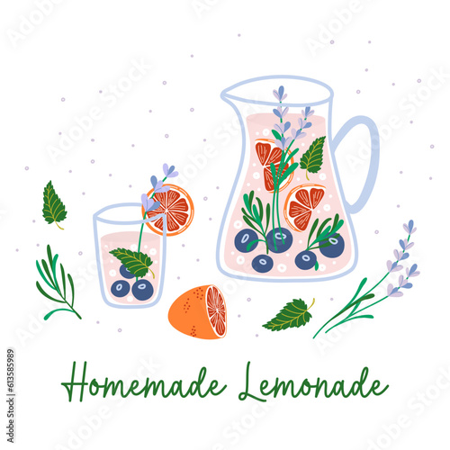 Homemade Lemonade. Composition with pitcher, glass, citrus fruits, mint leaves and herbs. Hand drawn vector illustration for poster, decoration, logo and print. Summer drink  ingredients. 