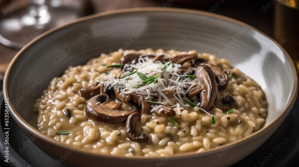 A bowl of creamy risotto, flavored with mushrooms, herbs, and a sprinkle of Parmesan cheese A bowl of creamy risotto, flavored with mushrooms, herbs, and a sprinkle of Parmesan cheese