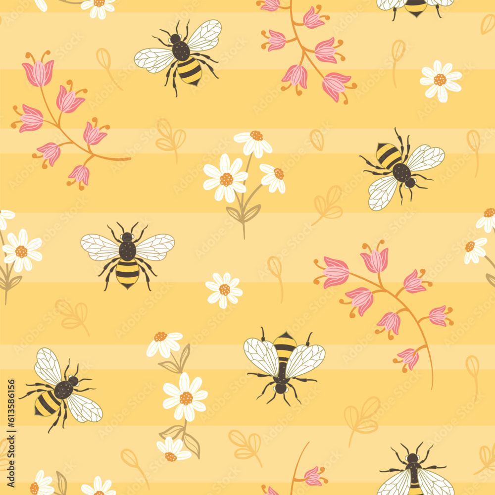 Honey bees and pink and white flowers on a yellow background with ...