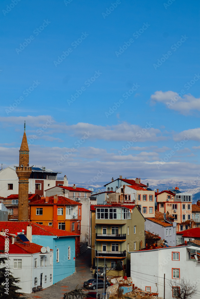Colourful buildings with copy space in Egirdir city with copy space - Isparta Region, Turkey