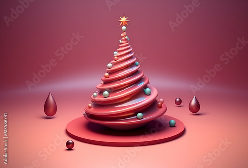 Christmas tree on a red background. Unusual surreal holiday concept. Generated AI