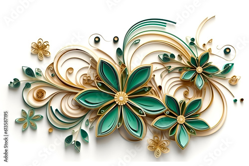 Modern emerald green and gold flower design on a white background. AI generated