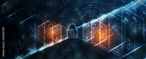 internet digital security technology concept for business background. Lock on circuit board