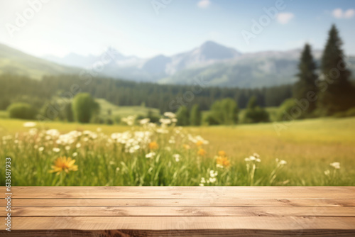 Wooden Table against Blurred Meadow with Mountains