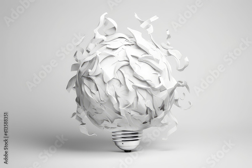 White Paint splashes light bulb isolated on a flat white background with copy space. Creative concept of creativity, innovation, ideas and invention. Generative AI 3d render illustration imitation.