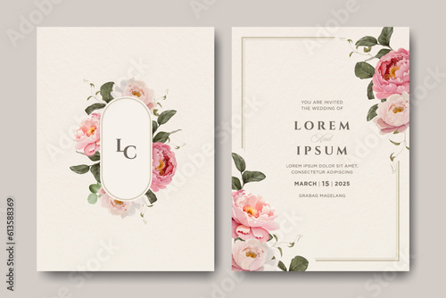 Wedding invitation card template with beautiful peonies flowers