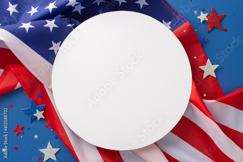 The fourth of july celebration concept. Above view photo empty round frame surrounded by red, white and blue confetti stars and american flag on blue isolated background with copy-space