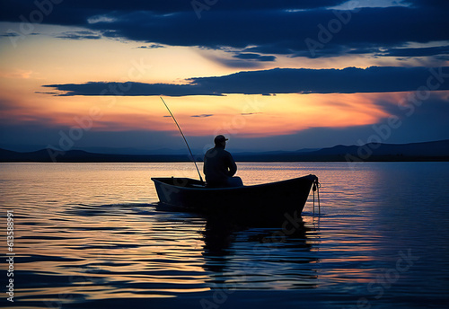 an image of a man fishing at sunset in a boat