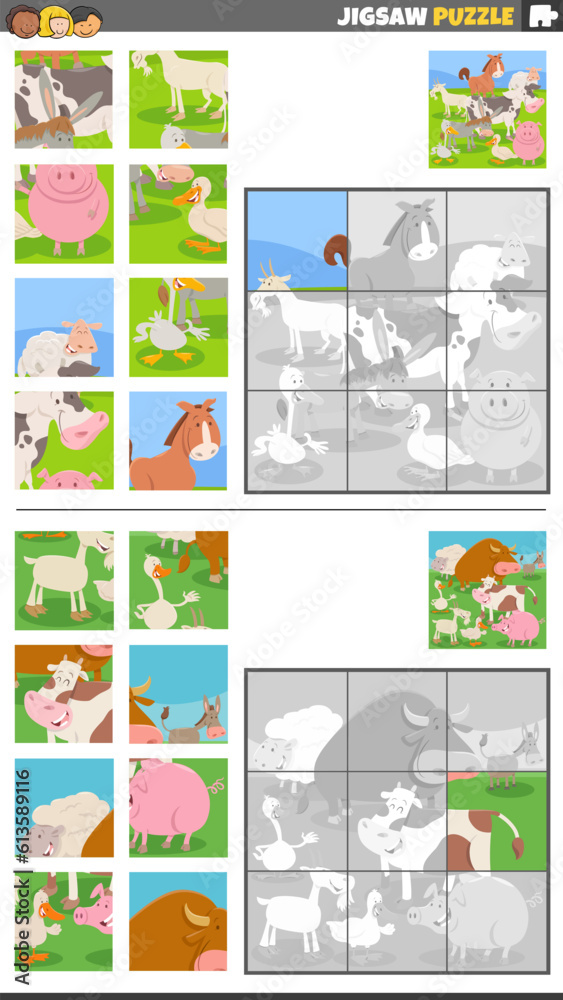 Fototapeta premium jigsaw puzzle games set with cartoon farm animal characters