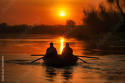two people, on the river at sunset