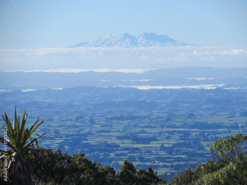 Stunning view from the Egmont Visitor Centre across the green fields and forests of Taranaki towards the snow-covered summit of Mt Ruapehu in New Zealand's Central North Island