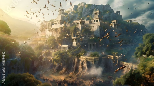 landscape ancient greek ruins and waterfalls  Generative AI