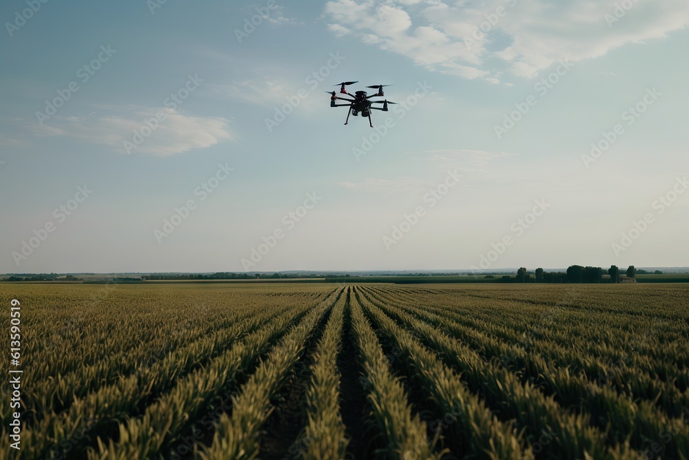 Digital futuristic farming. Drone technology revolutionizing corn industry in serene summer landscape Digital futuristic farming. Drone technology revolutionizing corn industry in serene summer landscape