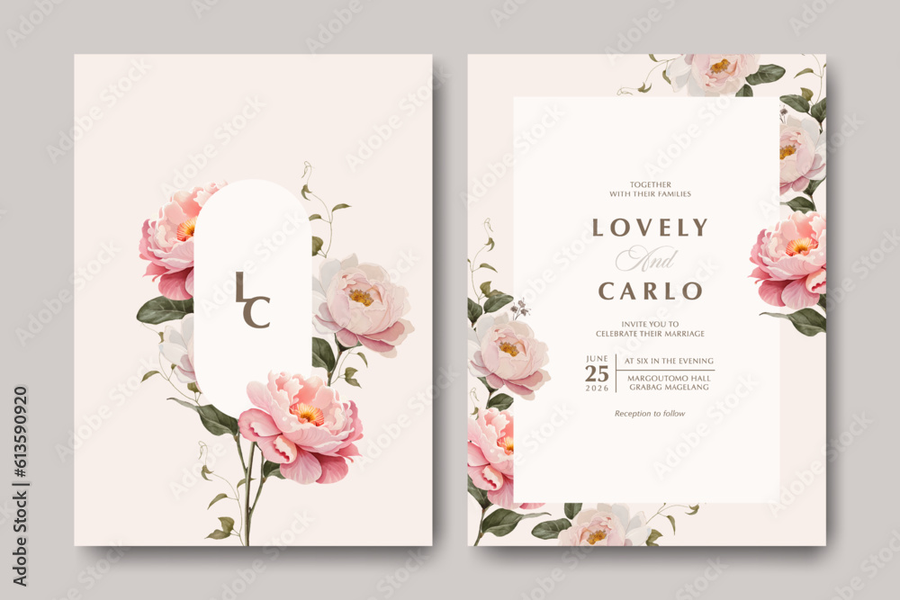 Wedding invitation card with bouquet peonies flowers