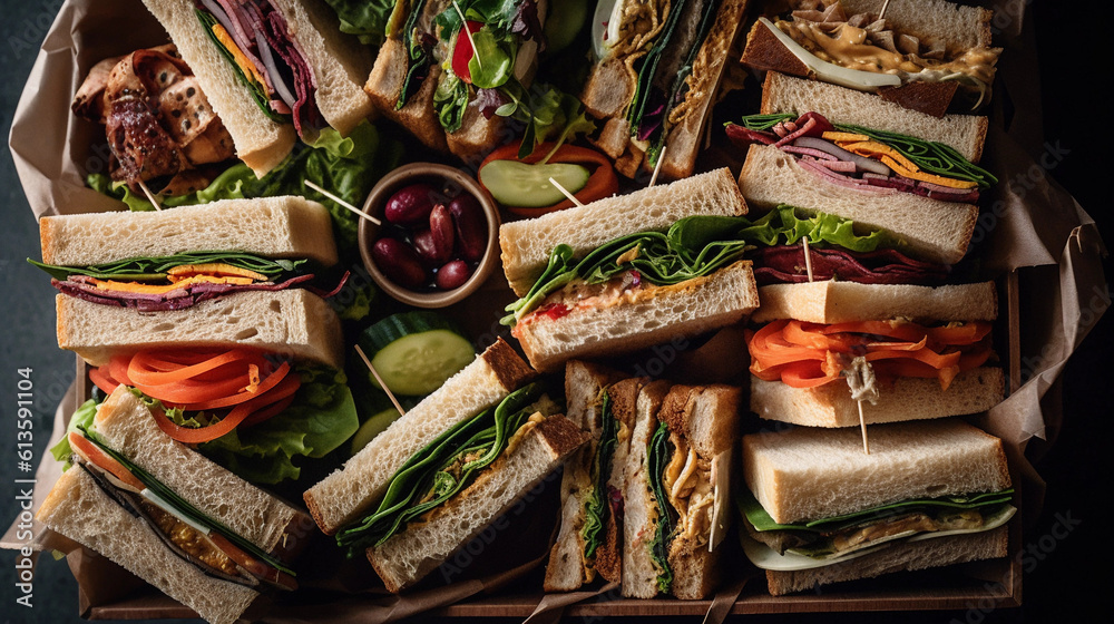 A tray of assorted sandwiches, including classics like club, BLT, and veggie, arranged for a picnic or party