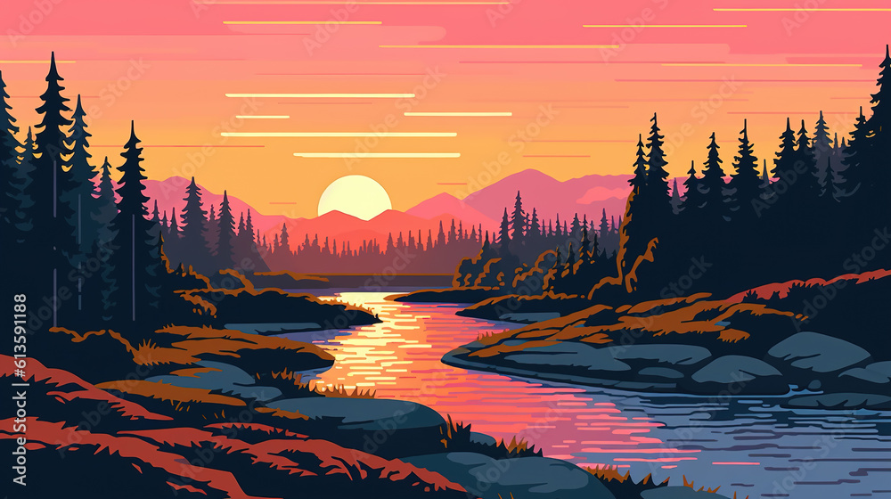 Photo & Art Print sunset scene in an anime style with a river and ...