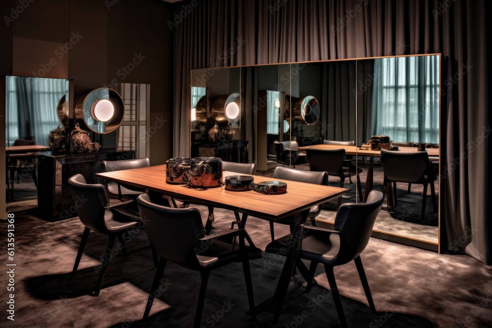 Dining room details. 3d render of luxurious dining room table with chairs and wooden details Dining room details. 3d render of luxurious dining room table with chairs and wooden details
