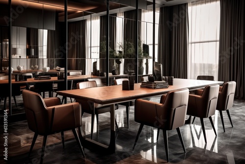 Dining room details. 3d render of luxurious dining room table with chairs and wooden details