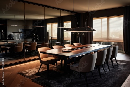 Dining room details. 3d render of luxurious dining room table with chairs and wooden details