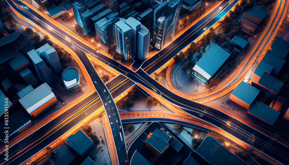 Overhead view of roads in a futuristic city with autonomous vehicles ...