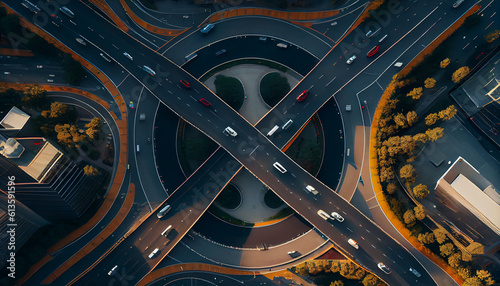 Overhead view of roads in a futuristic city with autonomous vehicles, overlay vehicle tracking system, advanced traffic management,intelligent transportation,and smart city concepts Ai generated image