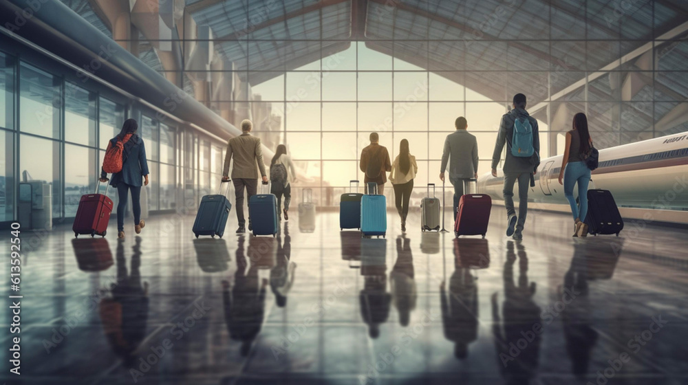 Fototapeta premium Generative AI, backview of passengers of different ethnic origin on the departure terminal of an airport. Travel theme, luggage. Backview of all kinds of people. Diversity theme.