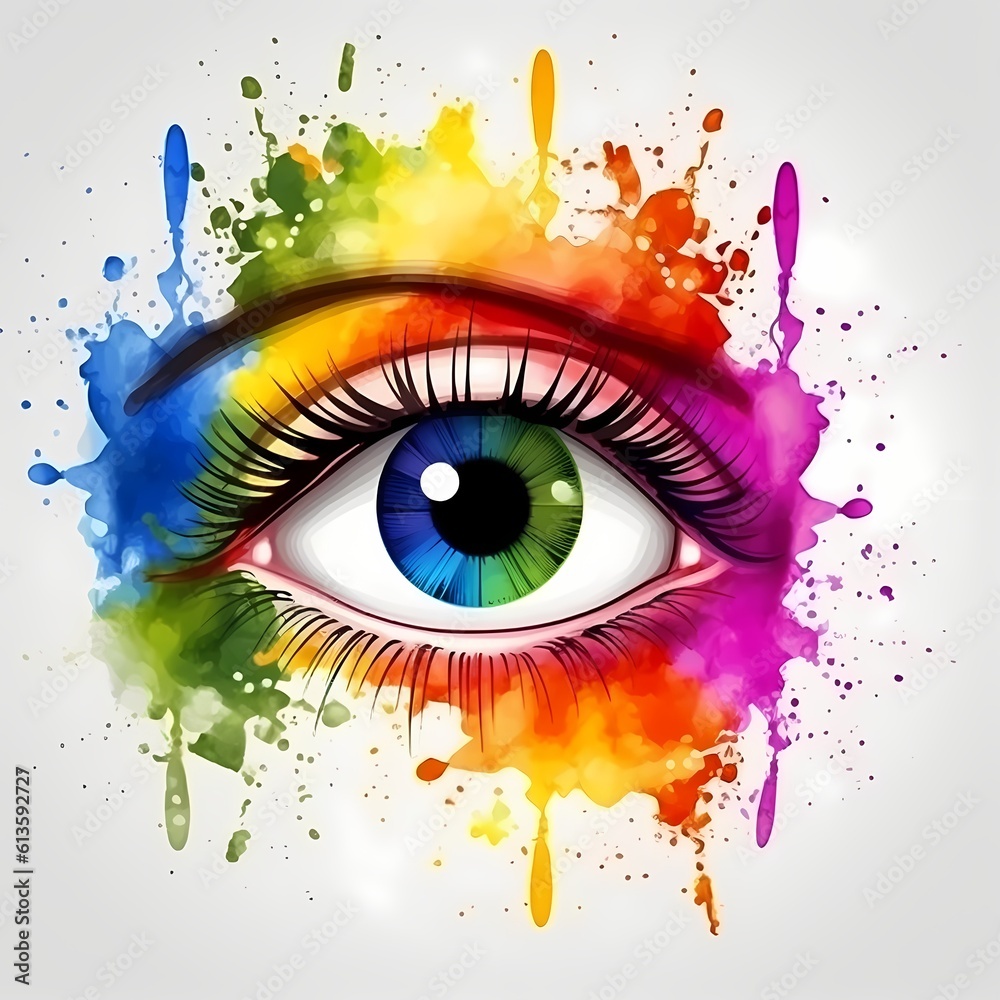 Abstract colorful eye watercolor painted on white background. Generative AI