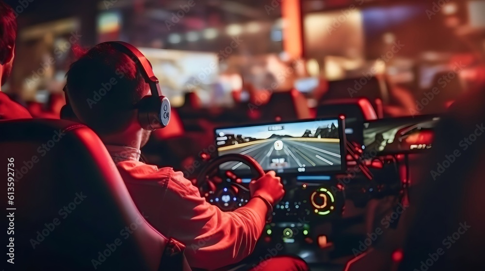 professional gamers playing online car racing esport simulator with steering wheel competition, Generative AI - obrazy, fototapety, plakaty 