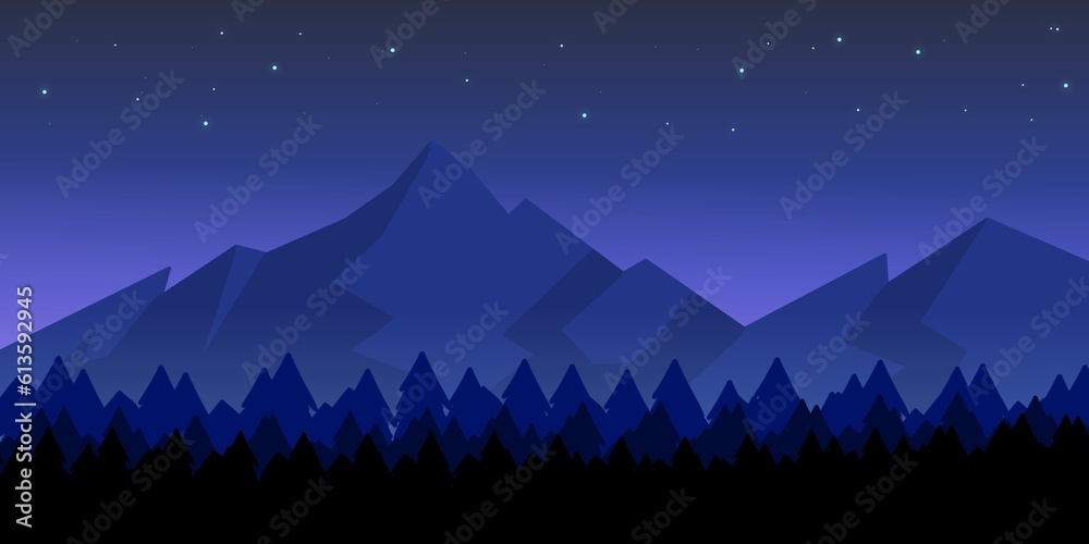 illustration of beautiful landscape mountain and forest in the night 