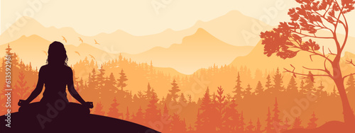 Horizontal banner. Silhouette of girl practicing yoga on meadow, forest and mountains in background. Yoga sun salutation. Healthy lifestyle. Magical misty landscape, fog. Orange illustration. 