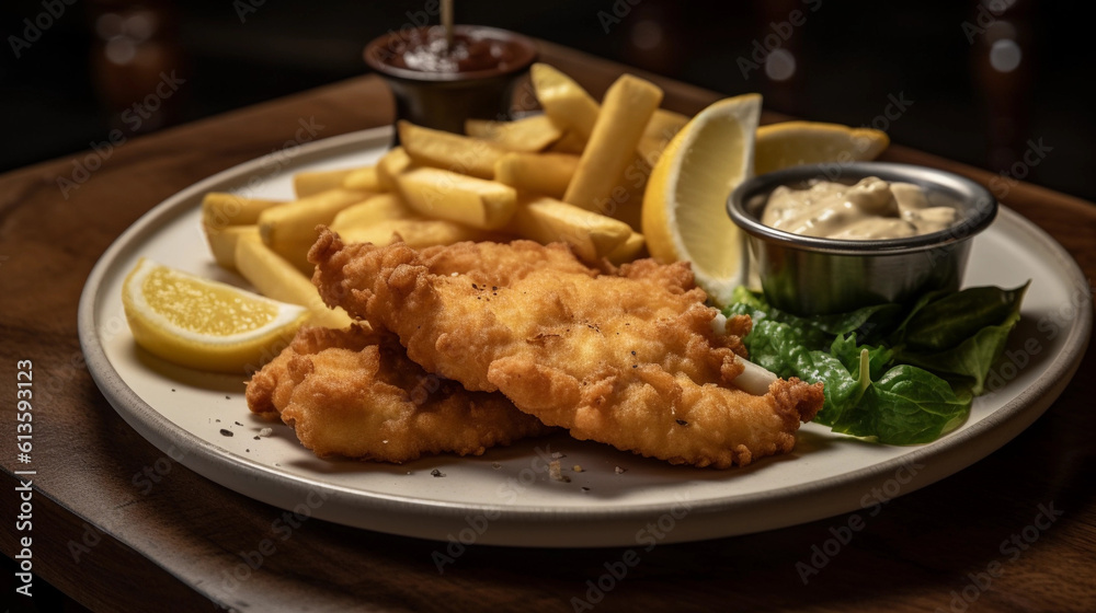 A plate of crispy and golden fish and chips, served with a side of tartar sauce and a wedge of lemon A plate of crispy and golden fish and chips, served with a side of tartar sauce and a wedge of lemon