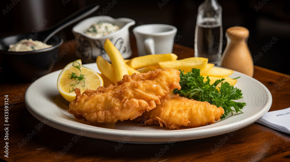 A plate of crispy and golden fish and chips, served with a side of tartar sauce and a wedge of lemon